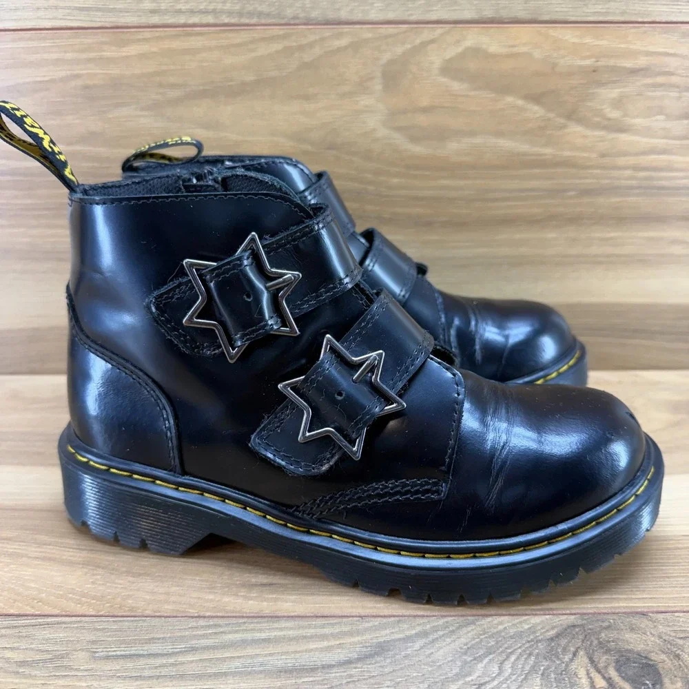 Dr Martens Devon Bex Girls Youth 4 Black Star Chunky Boots Punk Rock Metal Goth